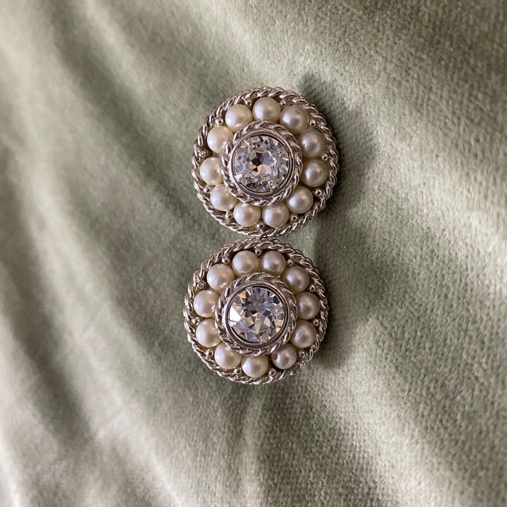 SAC earrings round pearl and rhinestone set in silver for pierced ears  #12-39 - Picture 2 of 6